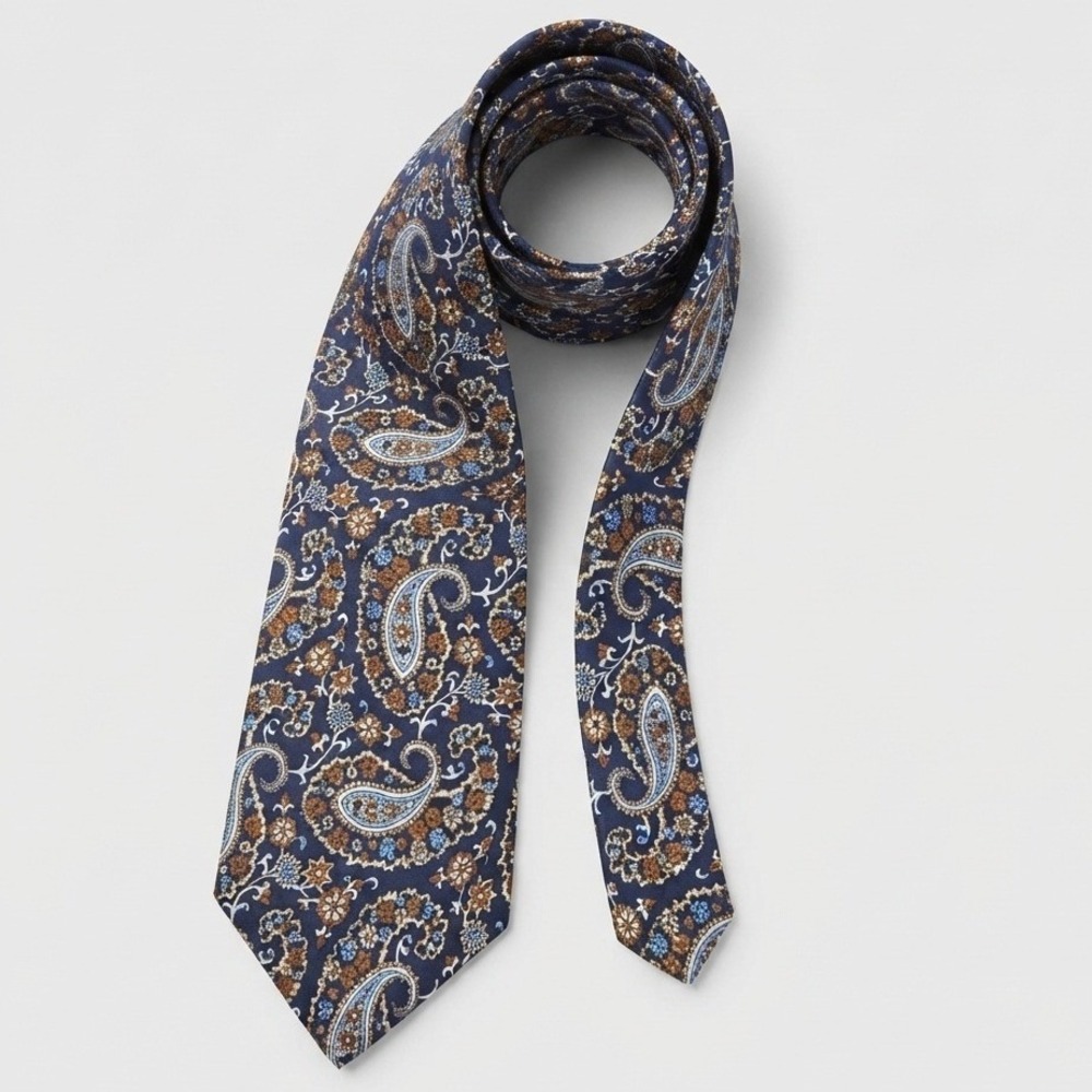 vtg 90s houston Sakowitz pure silk Necktie Paisley Floral Blue Brown retro